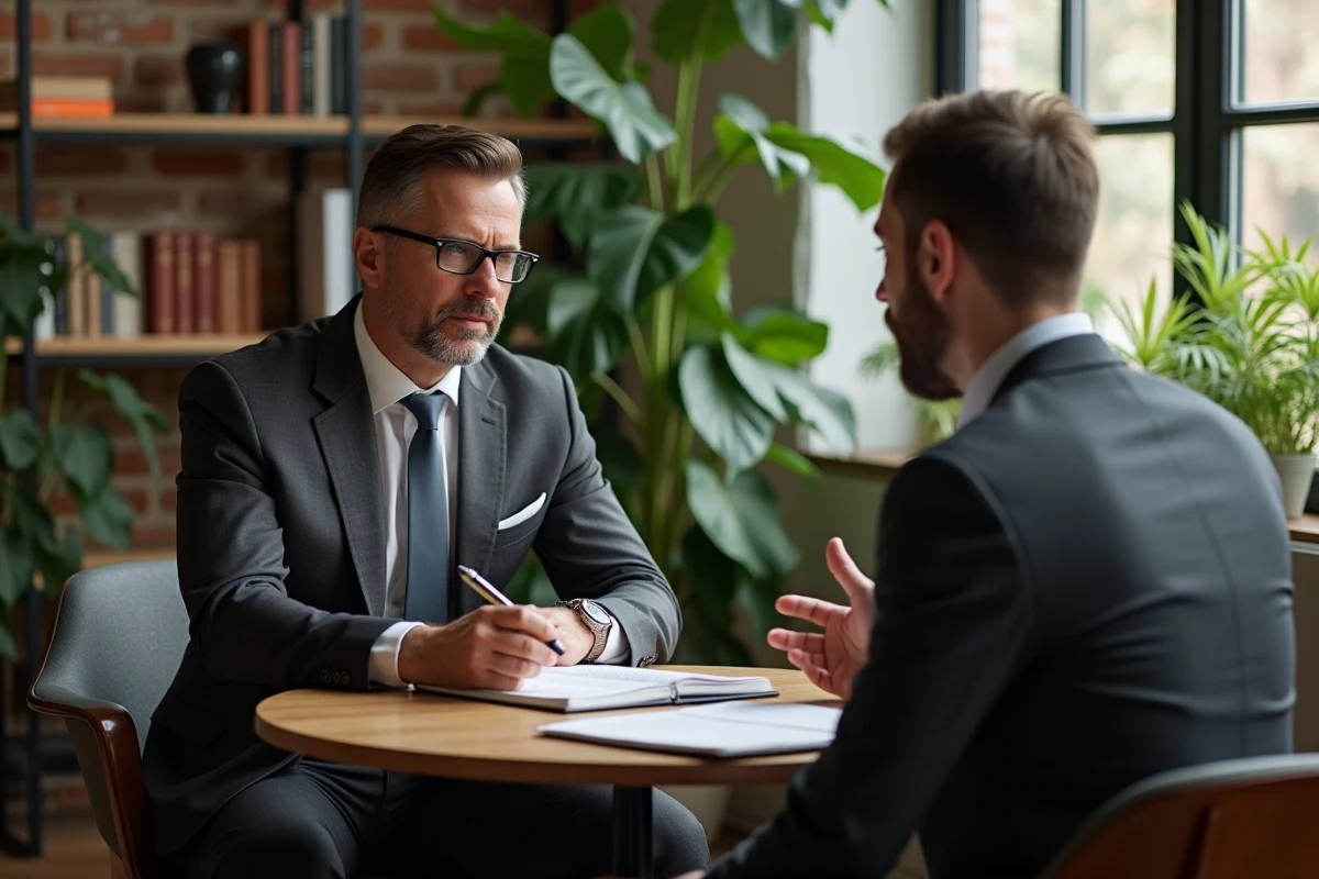 Coach professionnel en séance de coaching individuel avec un cadre d'entreprise dans un studio chaleureux