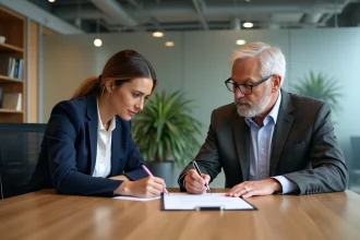 Une employée et un responsable RH signent un accord de rupture conventionnelle dans un bureau d'entreprise moderne