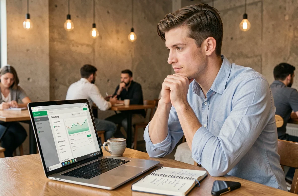 Jeune travailleur indépendant simulant les tarifs de portage salarial sur son ordinateur dans un espace de coworking