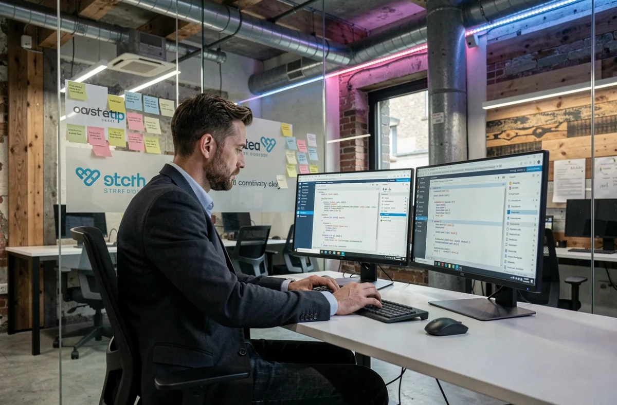 Expert-comptable spécialisé startups et IT chez Stengelin à Lyon, travaillant dans un espace coworking moderne avec des outils technologiques avancés