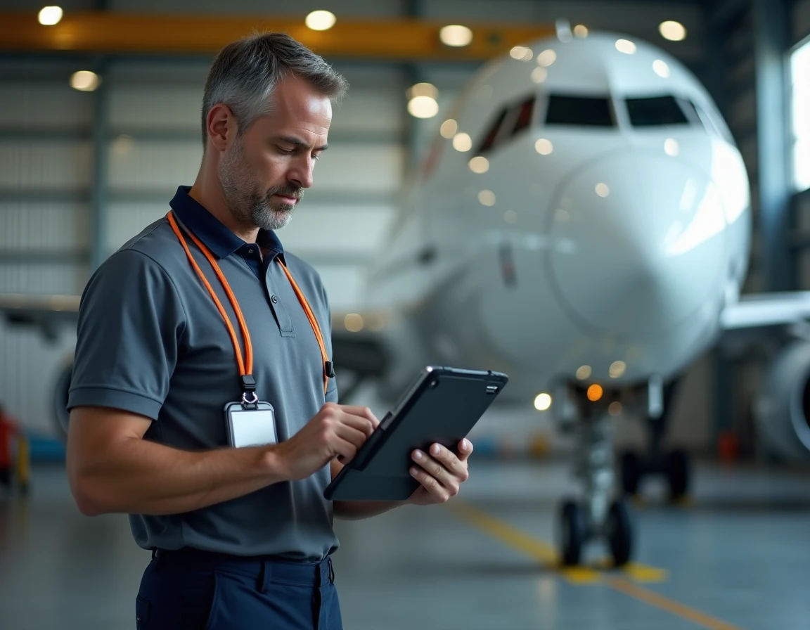 Technicien Air France utilisant une tablette numérique pour accéder aux outils en ligne de l'intranet dans un hangar de maintenance
