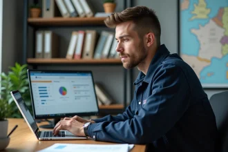 Technicien en bureau avec ordinateur et planning