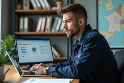 Technicien en bureau avec ordinateur et planning