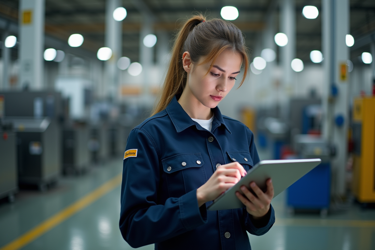 Jeune technicien utilisant une tablette sur le site industriel
