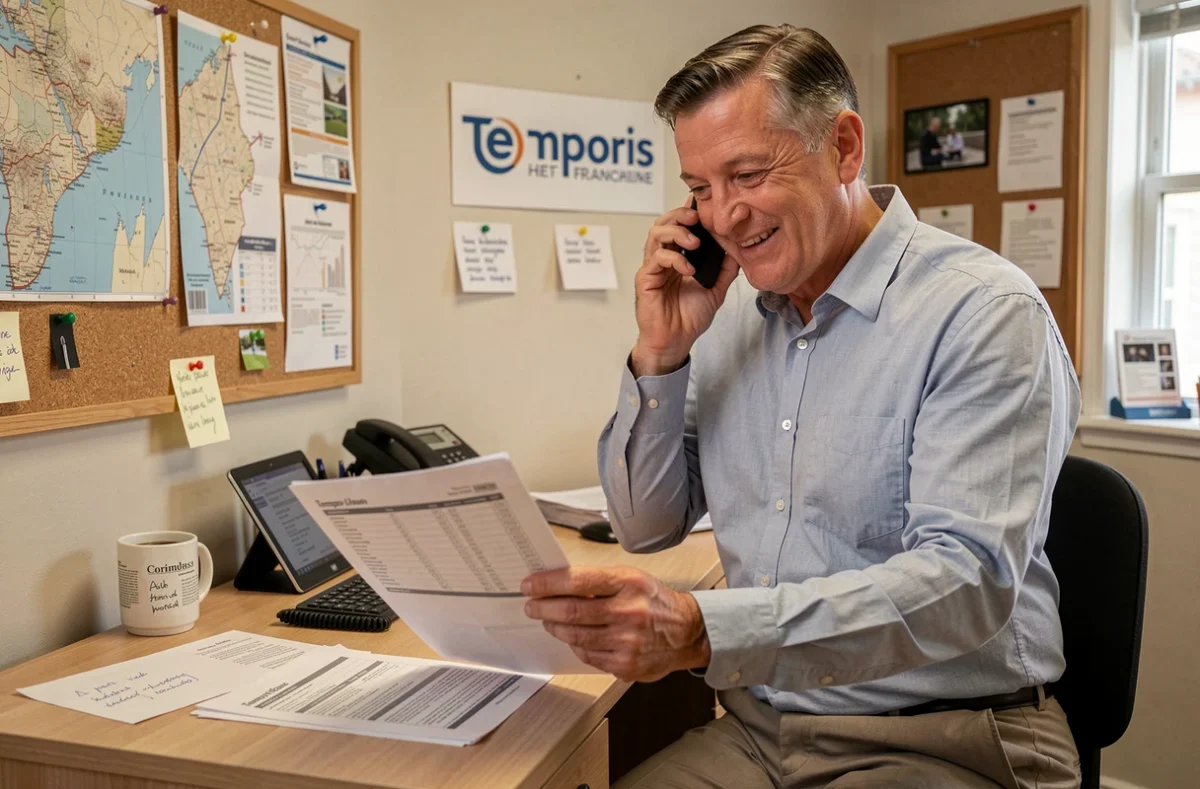Gérant d'une franchise Temporis locale gérant une mission en urgence par téléphone dans son agence