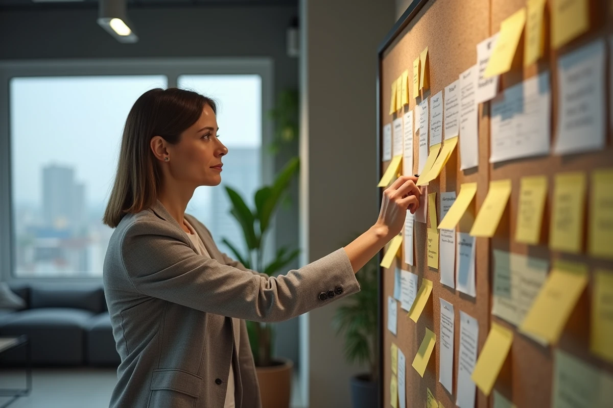 Femme triant des idées sur un tableau de liège avec des post-its colorés dans un bureau moderne