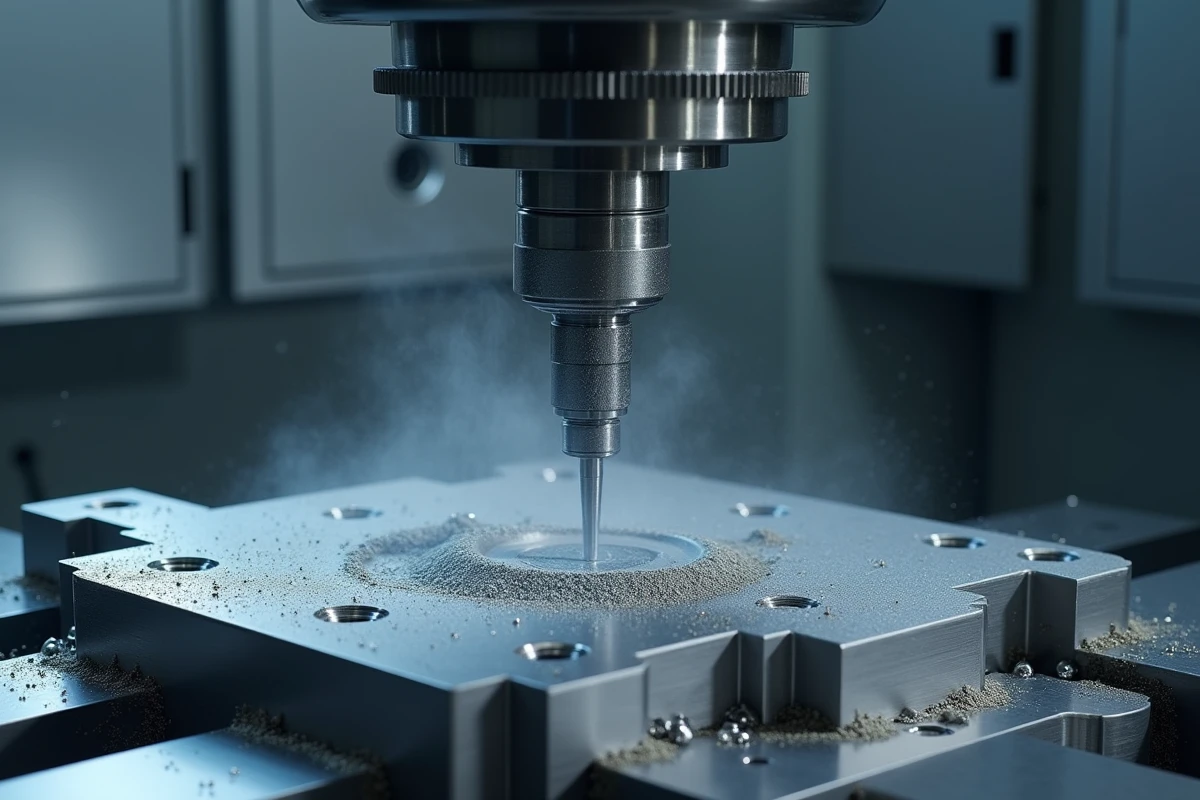 Fraisage CNC de précision sur pièce en aluminium avec copeaux métalliques et liquide de refroidissement dans un centre d'usinage professionnel
