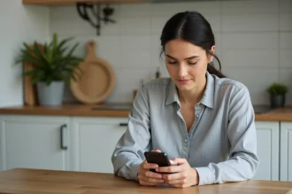 Femme utilisant l'application myPrimobox sur un smartphone Android dans une cuisine moderne