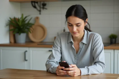 Femme utilisant l'application myPrimobox sur un smartphone Android dans une cuisine moderne