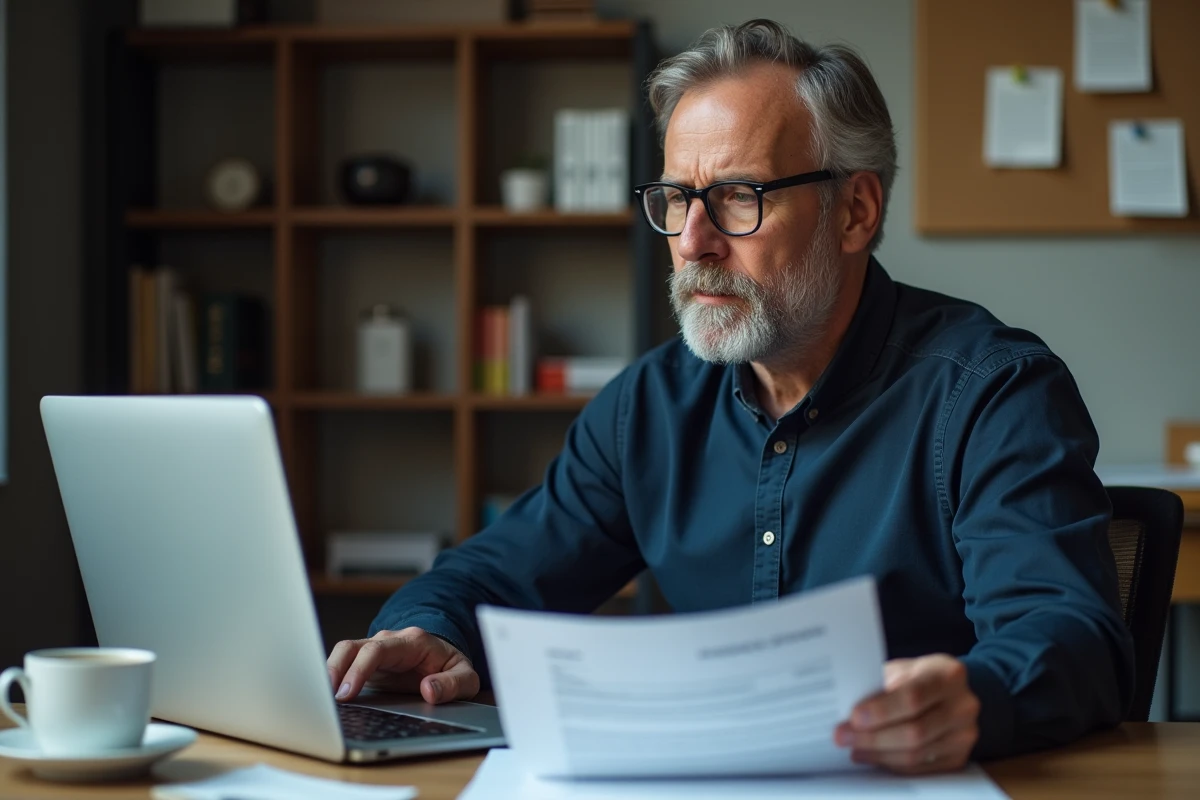 Homme vérifiant la fiabilité d'une entreprise d'emballage à domicile sur un ordinateur portable avec des documents contractuels