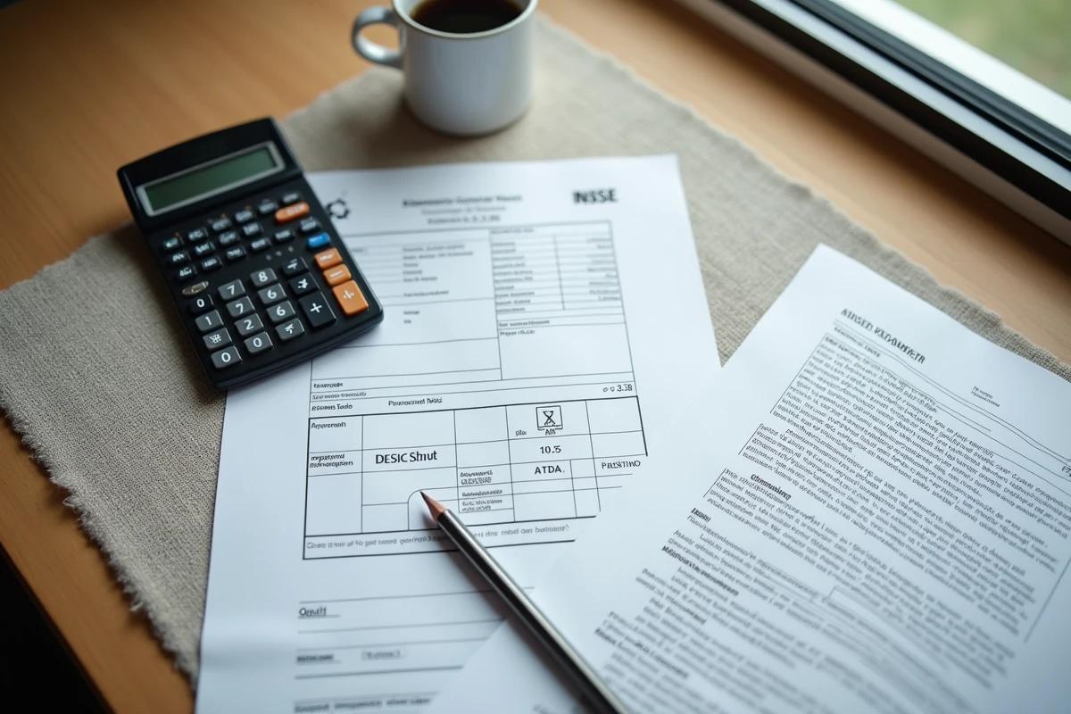 Vue aérienne d'un bureau avec feuilles de calcul de l'index ING INSEE, calculatrice et contrat d'ingénierie annoté