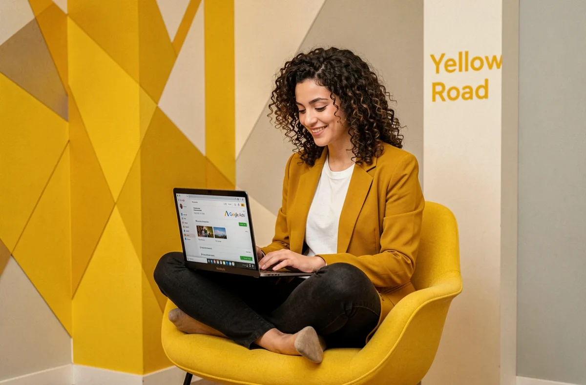 Consultante de Yellow Road souriante devant un laptop affichant des résultats de campagnes Google Ads dans un bureau coloré